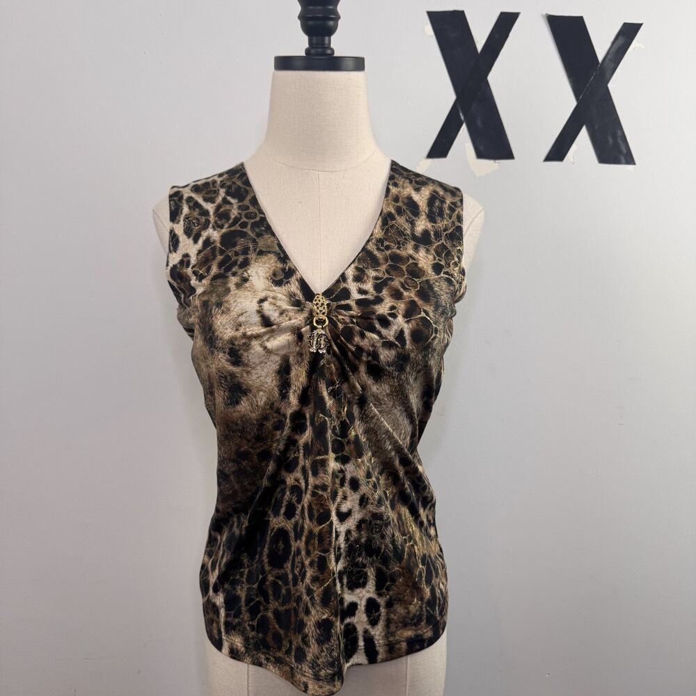 Roberto Cavalli Leopard Print V-Neck Draped Sleeveless Top Gold Crystal Broche M